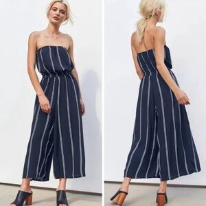 UO Silence + Noise Jackson Blue White Striped Strapless Culotte Jumpsuit